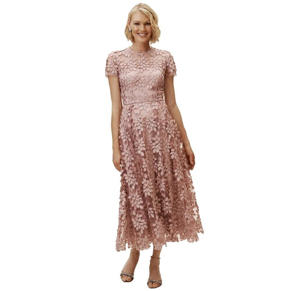 NWT Anthropologie BHLDN Virdia in Pink Applique Petal Tea-Length Dress 8